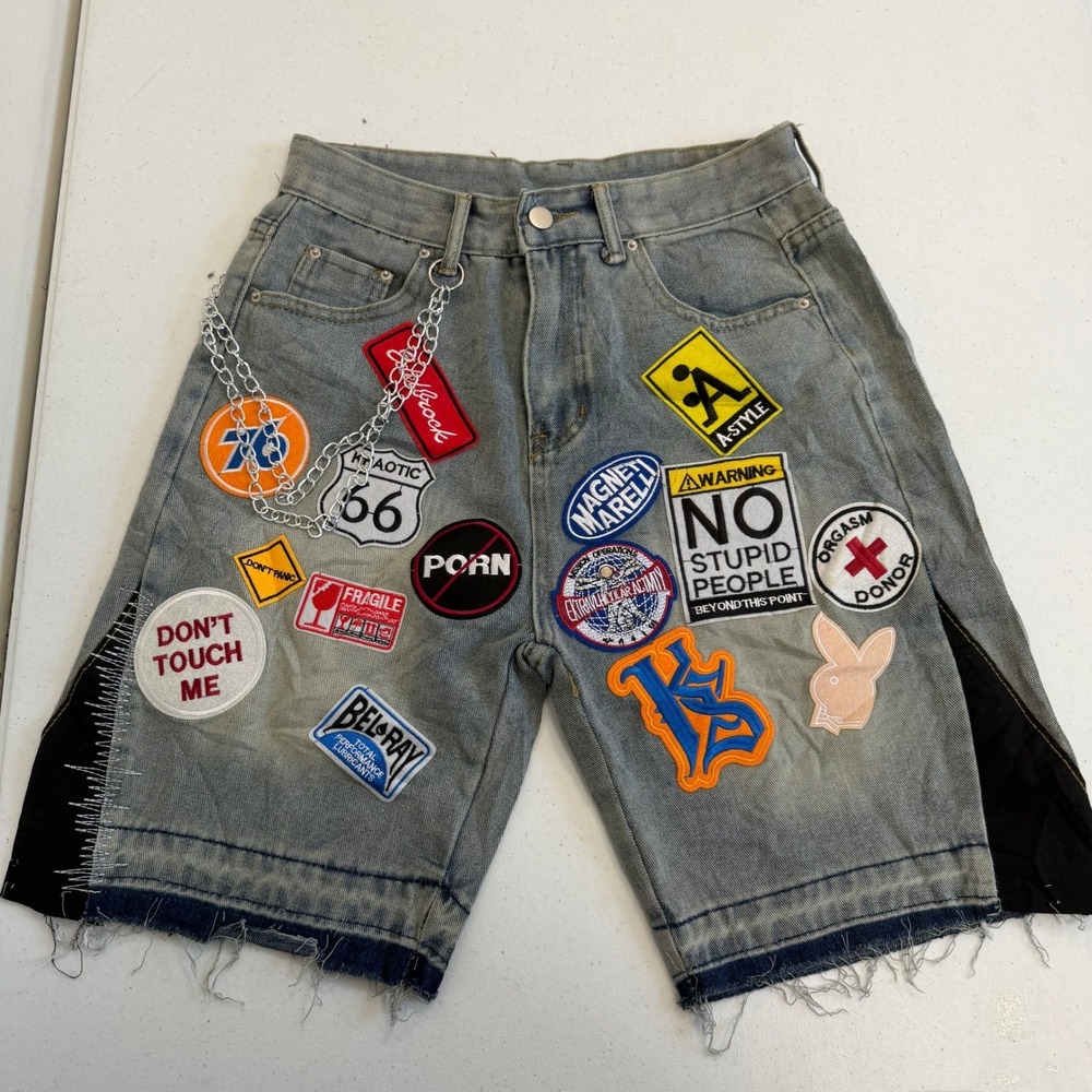 Jeansweari Genuine Mens Light Wash Patchwork Denim Shorts with Chain Blue 28